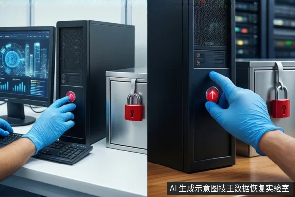 左右分栏画面,戴蓝色手套的手正按压黑色塔式主机正面的红色按钮,右侧为挂有红色挂锁的银色金属防震箱,背景可见服务器机柜。