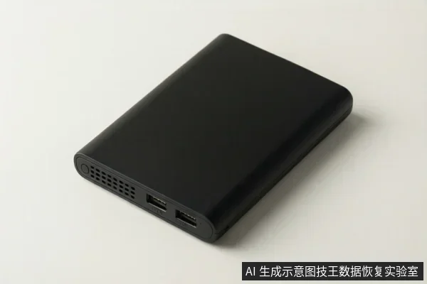 白色背景上放置一个黑色长方形移动硬盘,侧面可见散热孔、圆形按钮和两个USB接口。