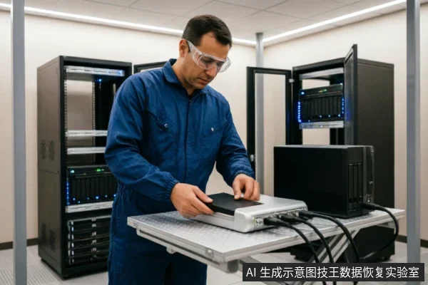 一名身穿蓝色工装、佩戴护目镜的技术人员正在服务器机房环境中,将一块黑色硬盘安装或检查在一个银色外接存储设备上。背景可见带有蓝色指示灯的服务器机柜,展示了数据恢复前的硬件检测与连接场景。
