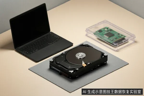 桌面上放置一台黑色笔记本电脑、一块裸露的机械硬盘和一个透明盒内的电路板，硬盘位于灰色垫子上。