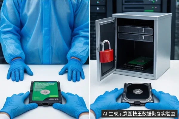 洁净室白色桌面上,穿蓝色无尘服戴蓝手套的双手正持握一块打开外壳的机械硬盘,右侧为挂有红色挂锁的银色金属防震箱,箱内平放一块裸露机械硬盘,背景可见服务器机柜。