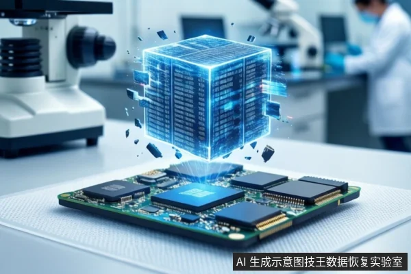 实验室白色桌面上平放一块绿色电路板,上方悬浮一个发光的蓝色数据立方体。左侧有一台显微镜,背景中一名穿白大褂的技术人员正在工作。