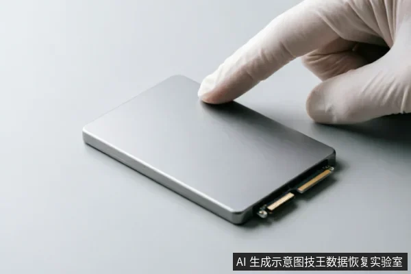 一只戴着白色防静电手套的手正轻触一块银色2.5英寸SATA接口固态硬盘的金属表面,背景为纯净的浅灰色,展示了数据恢复或硬件检测环境下的标准防护操作。