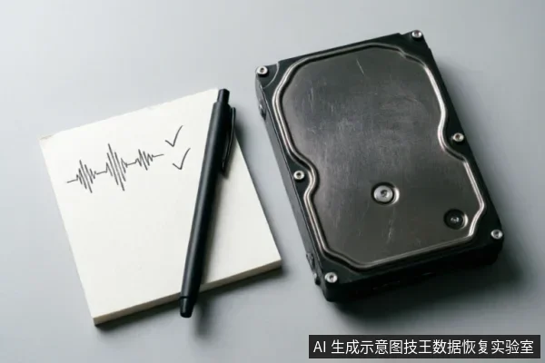 灰色背景上放置着一块黑色的机械硬盘,旁边有一本画有声波图和对勾的记事本及一支黑色签字笔。画面通过记录声音与状态的道具,示意在硬盘出现异响故障时保留现场证据与记录的操作步骤。