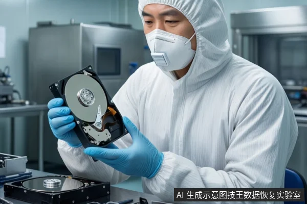 洁净室环境中,一名身穿白色无尘服、戴口罩和头套的技术人员,双手戴蓝色手套,正握持一块打开外壳的机械硬盘进行观察。背景可见洁净室设备。