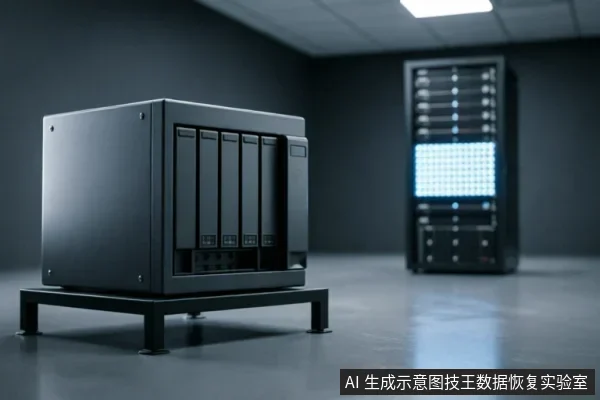 深色机房内,一台黑色多盘位存储设备置于黑色支架上,正面有多个竖向硬盘插槽,背景是亮着蓝色指示灯的服务器机柜。