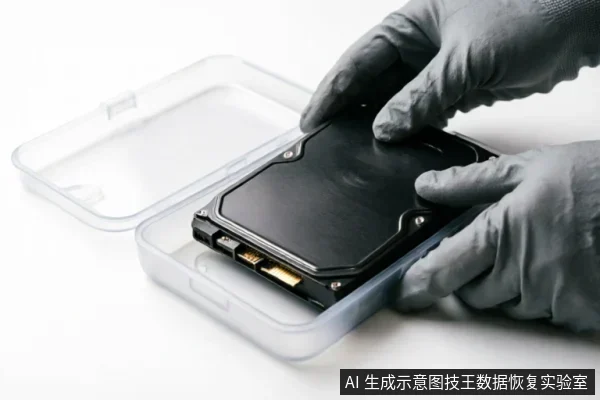 戴着灰色防护手套的双手正将一块黑色机械硬盘小心放入透明塑料防震收纳盒中。画面展示了在断电状态下对存储介质进行物理保护与封装的过程，强调了运输过程中的防震措施及避免二次污染的专业操作细节。