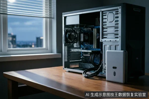 木质桌面上放置一台侧板移除的台式电脑主机,内部可见主板、散热器及显卡等硬件结构。机箱旁连接着一个银色外接存储设备,黑色线缆接入机箱,背景为带有百叶窗的窗户及城市夜景。