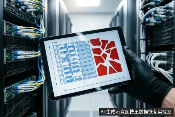 服务器机房背景下,一只戴黑色手套的手持平板电脑。屏幕左侧显示类似WinHex的十六进制数据列表,右侧为红色破碎裂纹图案,象征文件损坏或完整性验证失败。