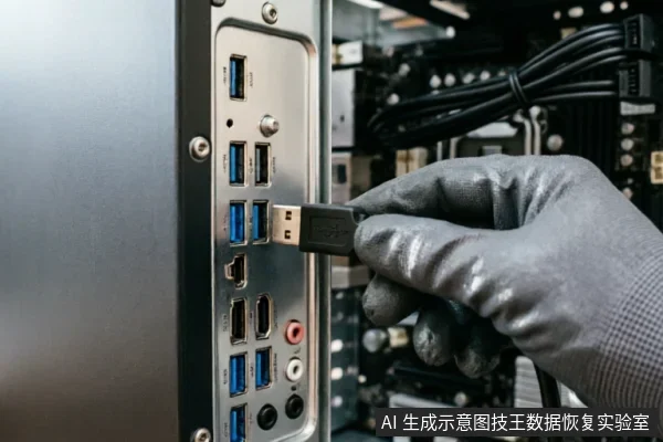 一只戴着灰色防静电手套的手正将一根USB数据线插入台式机机箱背面的蓝色USB接口中，背景可见主板及内部线缆，展示了排查硬件连接故障时的插拔操作。