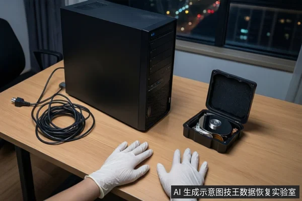 木质桌面上放置一台黑色台式主机,左侧盘绕着黑色线缆。右侧一个打开的黑色防震箱内装有一块机械硬盘。一双戴白色手套的手平放在桌面上,背景为模糊的窗户和城市夜景。