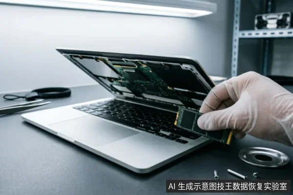 戴着防静电手套的专业人员手持一块拆下的笔记本固态硬盘，背景是一台后盖打开、内部结构裸露的笔记本电脑。桌面上散落着螺丝和金属部件，展示了硬件检修与存储介质拆解的场景。