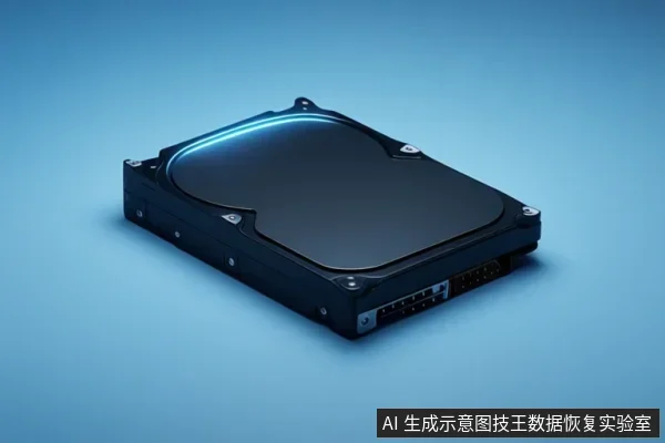 蓝色背景上放置一块黑色机械硬盘，顶部有蓝色光带，侧面可见数据与电源接口。