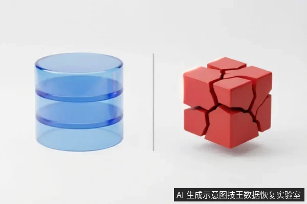 画面左侧为一个完整的蓝色透明圆柱体,象征结构完好的数据或逻辑层;右侧为一个严重碎裂的红色立方体,象征发生物理损坏的硬件。两者通过竖线分隔,直观对比了软件可恢复与硬件级故障的状态差异。