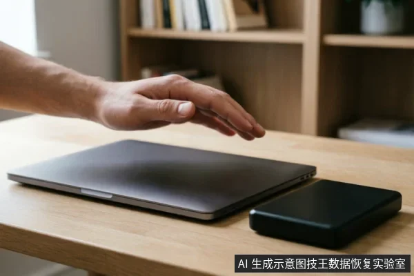 一只悬停在闭合笔记本电脑上方的手,旁边桌面上放置着一个黑色的外接移动硬盘。背景为模糊的木质书架,画面展示了连接外部存储设备时的场景,暗示了数据连接或排查硬件故障的操作环境。