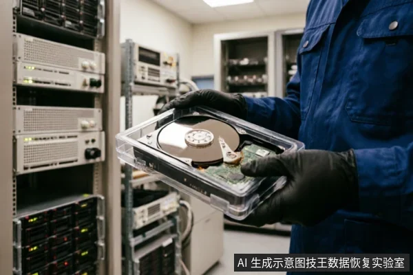 一名身穿蓝色工装、戴着黑色防静电手套的工程师,双手托举着一个打开透明外壳的机械硬盘。背景为模糊的专业服务器机柜与检测仪器,展示了数据恢复实验室中检查硬件内部结构的场景。