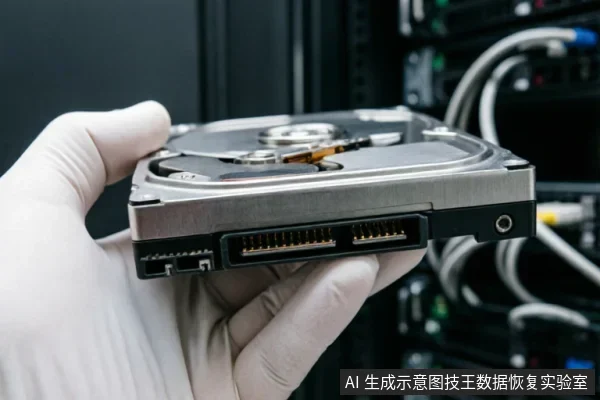 一只戴着白色防静电手套的手托举着一块已拆开外壳的机械硬盘，清晰展示了内部的磁盘盘片、磁头臂以及底部的SATA数据与电源接口。背景为模糊的服务器机柜环境，体现了专业的硬件检测场景。