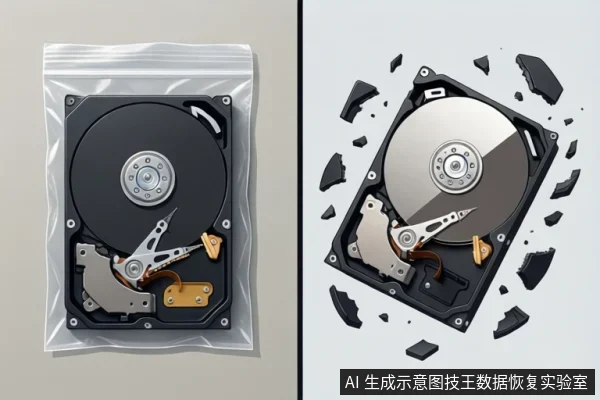画面分为左右两部分:左侧展示了一块机械硬盘被放置在透明的防静电自封袋中;右侧展示了一块机械硬盘,其周围散布着许多黑色的碎片,呈现出硬盘外壳破碎或损坏的状态。