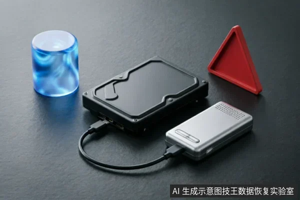 黑色移动硬盘通过数据线连接至银色便携设备,旁边放置蓝色发光圆柱体与红色三角警示牌。画面通过警示符号隐喻硬件故障风险,示意数据恢复场景下的安全保护与止损边界。