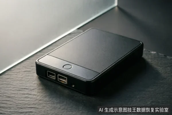 一个黑色的便携式存储设备放置在深色石板上,侧面可见两个USB接口、一个圆形按钮及指示灯孔,光线从左侧照射,展现出设备的金属质感与极简设计。
