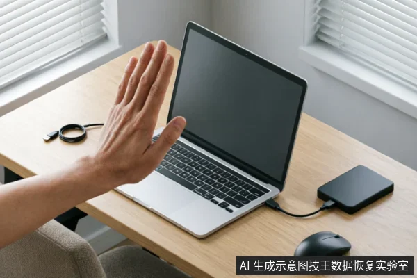 一只手掌在笔记本电脑前做出停止手势,电脑侧面连接着黑色移动硬盘和鼠标,桌面旁放有数据线。画面直观表达了在排查硬盘故障时立即停止通电或软件操作、避免物理损伤扩大的紧急处理措施。