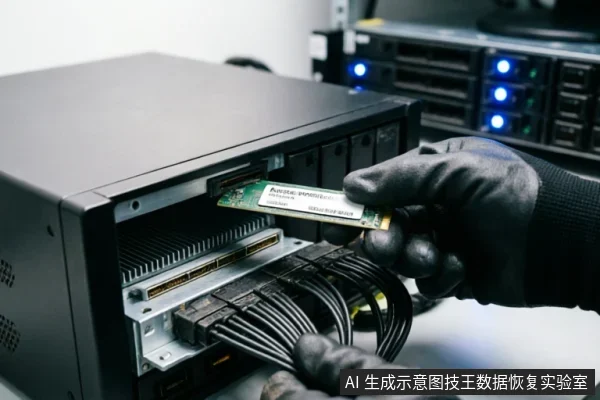 画面展示了一只戴着黑色防静电手套的手,正拿着一块M.2接口的固态硬盘准备插入设备插槽。背景可见带有蓝色指示灯的服务器机架及连接线缆,呈现出专业的硬件检测或数据恢复操作环境。