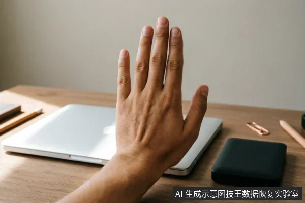 一只手掌在木质办公桌上竖起,做出停止或拒绝的手势。背景中有一台闭合的银色笔记本电脑、一个黑色移动硬盘以及铅笔和回形针等办公用品,光线明亮。