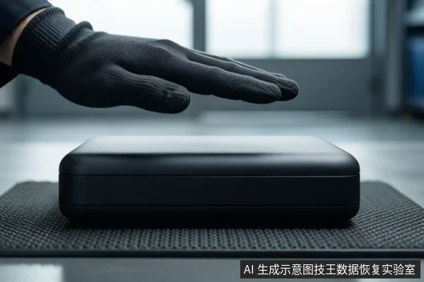 画面中一只戴黑色手套的手悬停在黑色存储设备上方,设备放置在灰色垫子上,背景为模糊的室内环境。