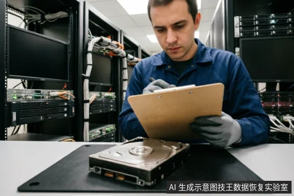 一名身穿蓝色工装、戴手套的技术人员坐在服务器机房环境中,正专注地在剪贴板上记录数据。他面前的黑色防静电垫上放置着一块裸露的机械硬盘,背景可见排列整齐的服务器机柜与线缆,展现了专业硬件检测与状态记录的现场。
