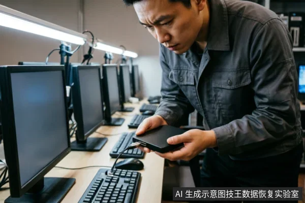一名身穿深灰色工装的技术人员站在网吧一排电脑显示器前，正低头专注检查手中连接着数据线的黑色移动硬盘，背景可见整齐排列的键盘与台灯，呈现出典型的高并发环境下的硬件排查场景。