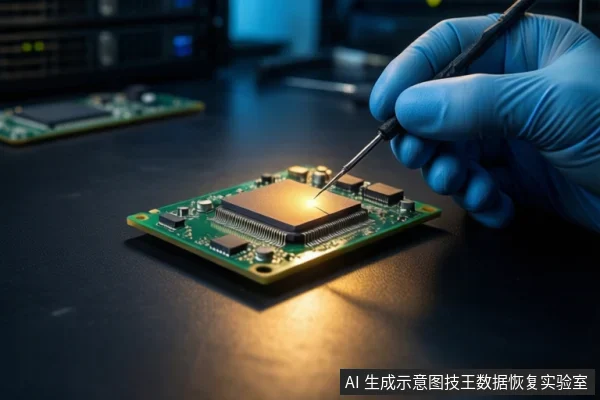 深色工作台上,一只戴蓝色手套的手持细长金属工具,正在操作一块绿色固态硬盘电路板上的主控芯片,芯片表面有橙色光效。