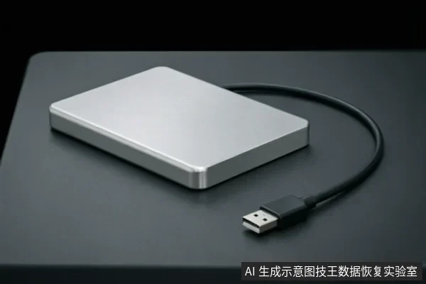 一个银色金属外壳的便携式移动硬盘平放在深色桌面上,连接着一根黑色的USB数据线,线缆自然弯曲延伸至右侧,接口清晰可见。
