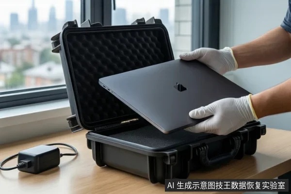 木质桌面上放置一个打开的黑色防震箱,箱内为黑色防震泡沫。一双戴白色手套的手正握持一台闭合的黑色笔记本电脑,准备放入泡沫中。左侧桌面上放置一个黑色电源适配器。背景为模糊的窗户和城市建筑。