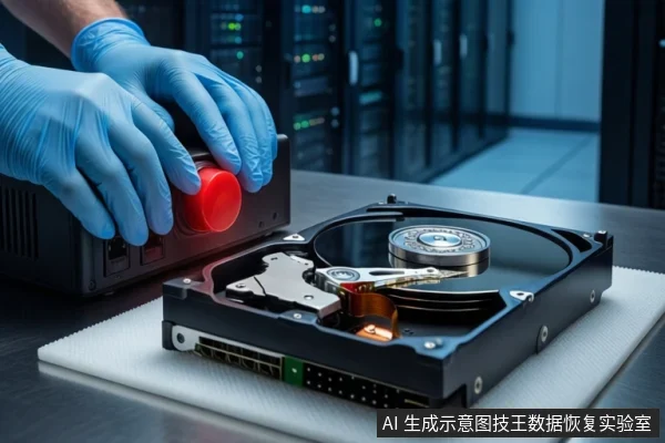 戴蓝色手套的双手按压黑色设备上的红色按钮,旁边白色防静电垫上平放一块打开外壳的机械硬盘,背景为模糊的服务器机柜。