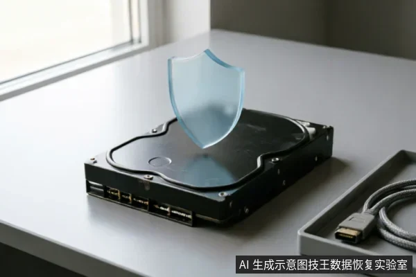 一张放置在灰色桌面上的机械硬盘,上方悬浮着一个半透明的蓝色盾牌图标,象征数据保护。右侧托盘内放有一根数据线。画面简洁,寓意在硬盘故障时停止操作以保护原始介质安全。