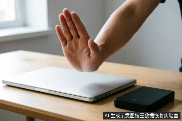 一只手掌在闭合的银色笔记本电脑和黑色移动硬盘上方做出明确的停止手势,示意暂停操作。画面直观传达了在数据恢复初期禁止盲目尝试、避免写入或通电检测的安全原则,强调保持设备静止以保护原始数据。