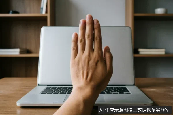 一只手掌在笔记本电脑屏幕前做出明确的“停止”手势，掌心向外，手指并拢。背景为模糊的木质书架和桌面，主体清晰，传达出拒绝、阻断或暂停操作的视觉含义。