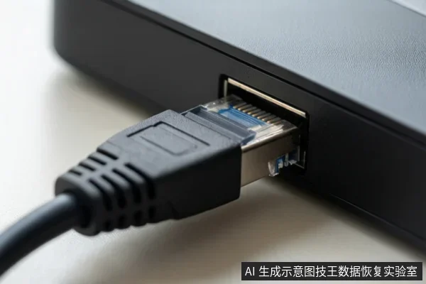 黑色设备侧面的RJ45网口插着网线水晶头,线缆连接稳定,背景为浅色桌面。
