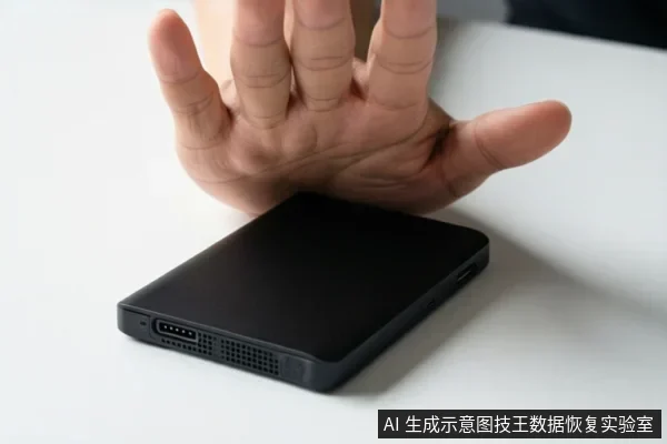 一只手悬停在白色桌面上的黑色移动硬盘上方，手掌张开，硬盘侧面可见接口和散热孔。