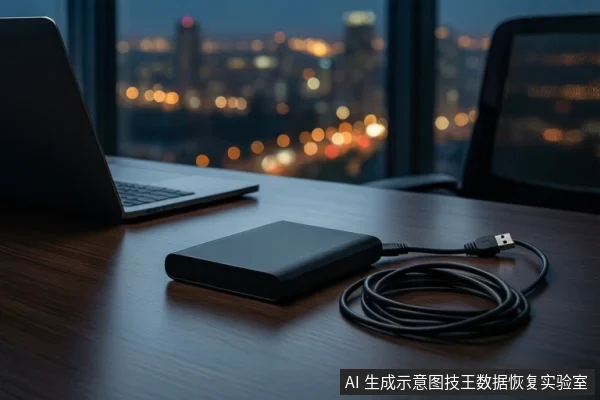 木质桌面上,左侧有一台打开的笔记本电脑,中间平放一块黑色移动硬盘,右侧盘绕着一根黑色USB延长线,背景为模糊的城市夜景。