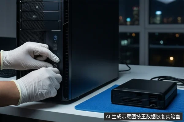 白色桌面上,左侧竖立一台黑色塔式主机,前景一双戴白手套的手正在按压主机正面的电源按钮。右侧蓝色防静电垫上平放一个黑色外接硬盘盒,连接着黑色数据线。背景为模糊的窗户和城市夜景。