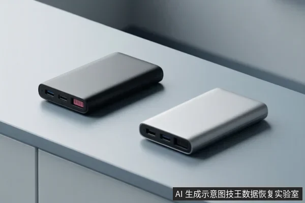 浅灰色台面上并排放置两个圆角矩形移动存储设备,一个黑色一个银色,前端可见多个接口,无可见文字。