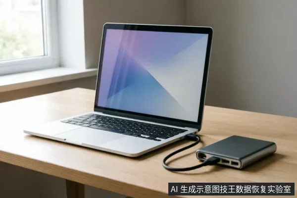 木质桌面上放置一台打开的银色笔记本电脑,屏幕显示蓝紫色抽象壁纸。电脑侧面通过黑色数据线连接着一个银灰色外接硬盘盒或扩展坞,展示设备的外部连接状态。