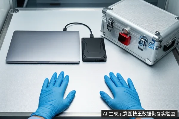 白色防静电工作台上,左侧是一台银色笔记本电脑,中间平放一个黑色外接硬盘盒,右侧是一个挂有红色挂锁的银色金属防震箱。前景一双戴蓝色手套的手掌平放。