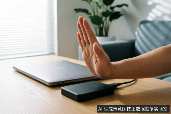 一只手掌在木质桌面上做出明确的停止手势，挡在连接着线缆的黑色移动硬盘前方，背景有一台闭合的笔记本电脑。画面直观传达了在存储设备故障时立即断电、禁止继续操作或扫描的警示含义。