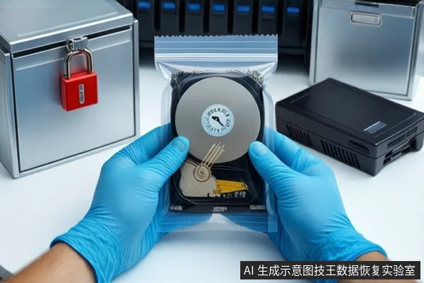 洁净室白色桌面上,戴蓝色手套的双手正持握一个装有机械硬盘的透明自封袋,左侧为挂有红色挂锁的银色金属防震箱,右侧平放一个黑色移动硬盘盒,背景可见服务器机柜。
