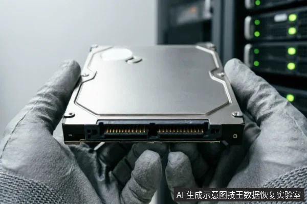 一双戴着灰色防静电手套的手平稳托举着一块3.5英寸机械硬盘,清晰展示了底部的SATA数据与电源接口。背景为模糊的服务器机柜及绿色指示灯,体现了专业硬件检测环境。