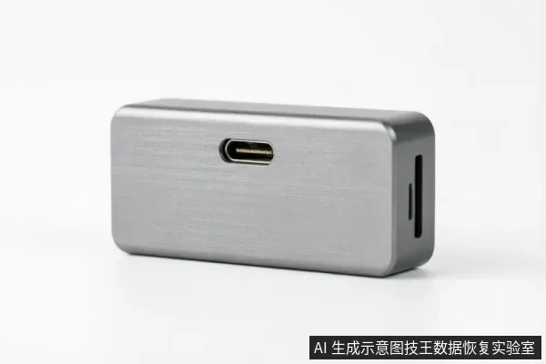 一个银灰色金属外壳的长方体USB外接设备,正面可见Type-C接口,侧面有细长插槽,置于白色背景上。