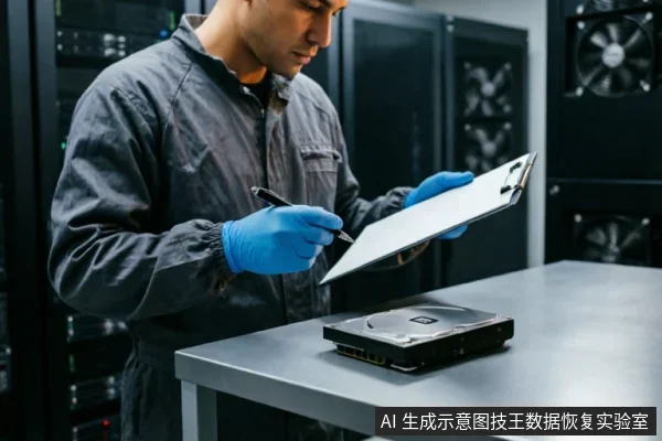 一名身穿深色工作服、佩戴蓝色防静电手套的技术人员站在服务器机房背景前,正手持笔在写字板上记录数据。他面前的金属工作台上放置着一块裸露的机械硬盘,画面展示了专业环境下对故障硬盘进行物理状态检查与记录的场景。