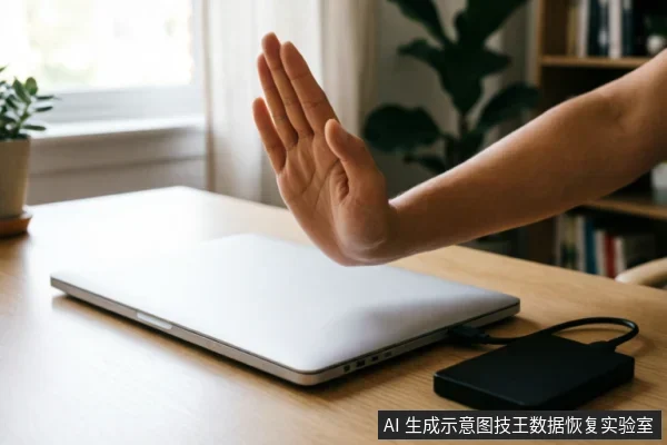 一只手掌在银色笔记本电脑前做出明确的停止手势,电脑侧面连接着一个黑色外接移动硬盘。背景为明亮的居家办公环境,画面直观传达出在存储设备故障初期立即停止操作、阻断写入以保护数据的止损理念。